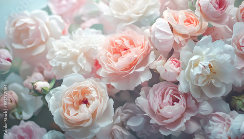 Soft, blooming peonies and roses in pastel shades, adding a delicate and feminine touch