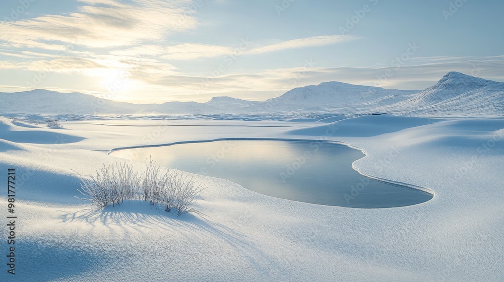 Frozen Lake Surrounded by Snow-Covered Mountains and a Blue Sky Frozen Lake Surrounded by Snow-Covered Mountains and a Blue Sky
