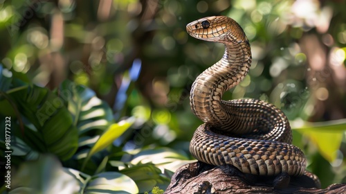 Coiled Venomous Snake Camouflaged in Lush Jungle Foliage