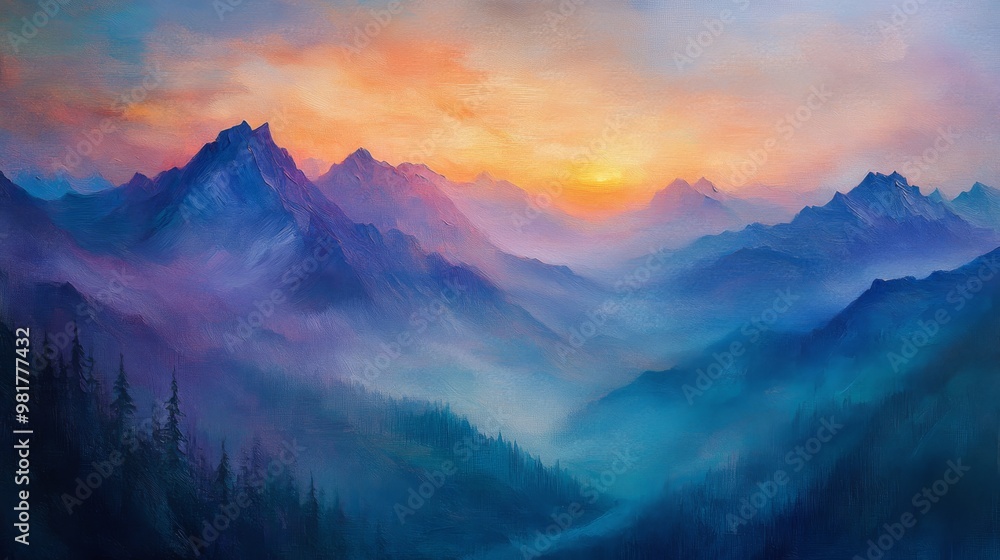 A Majestic Mountain Range at Sunset with Fog and a Forest in the Foreground A Majestic Mountain Range at Sunset with Fog and a Forest in the Foreground