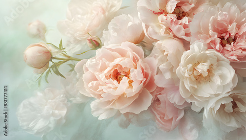 Soft, blooming peonies and roses in pastel shades, adding a delicate and feminine touch