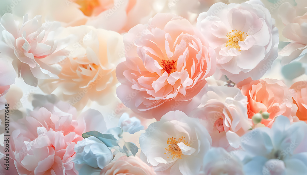 Soft, blooming peonies and roses in pastel shades, adding a delicate and feminine touch Soft, blooming peonies and roses in pastel shades, adding a delicate and feminine touch