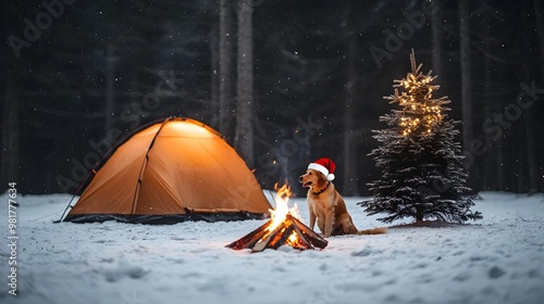 A Festive Dog in a Santa Hat Enjoying a Warm Campfire in a Winter Wonderland Setting. Christmas and Outdoor Camping Concept photo