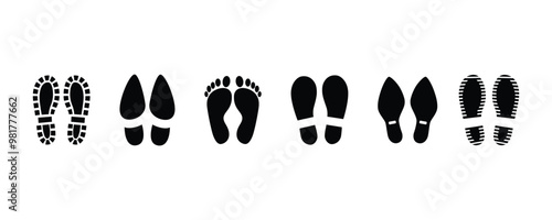 Different human footprints. Imprint soles shoe silhouette. adults steps Flat style collection. Human footprints icon set.