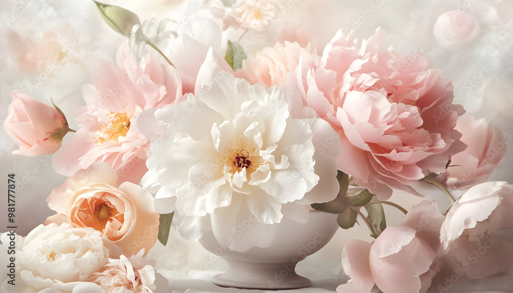 Soft, blooming peonies and roses in pastel shades, adding a delicate and feminine touch Soft, blooming peonies and roses in pastel shades, adding a delicate and feminine touch
