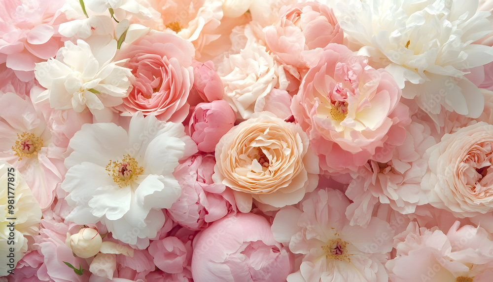 Soft, blooming peonies and roses in pastel shades, adding a delicate and feminine touch Soft, blooming peonies and roses in pastel shades, adding a delicate and feminine touch