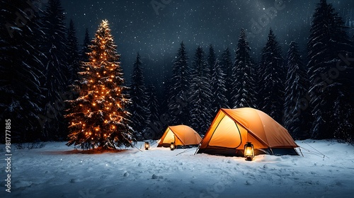 Magical Winter Campsite with a Glowing Christmas Tree Surrounded by Enchanting Pine Trees. Christmas and Outdoor Camping Concept photo