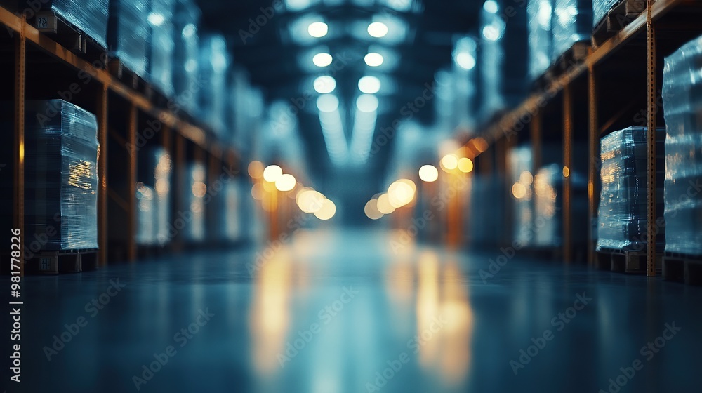 Fototapeta premium Industrial Warehouse Depth with Elegant Light Blue Lighting