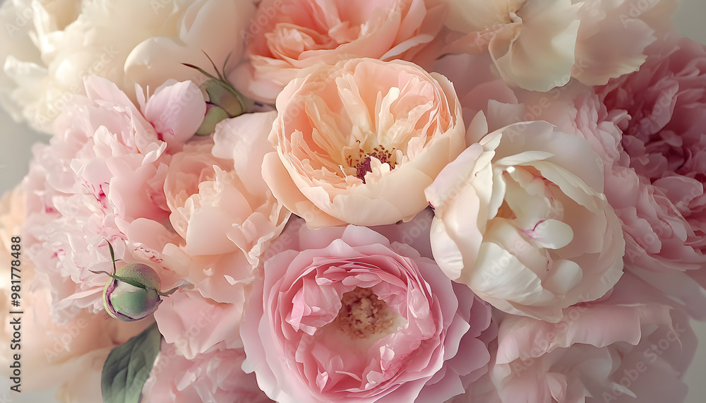 Soft, blooming peonies and roses in pastel shades, adding a delicate and feminine touch Soft, blooming peonies and roses in pastel shades, adding a delicate and feminine touch