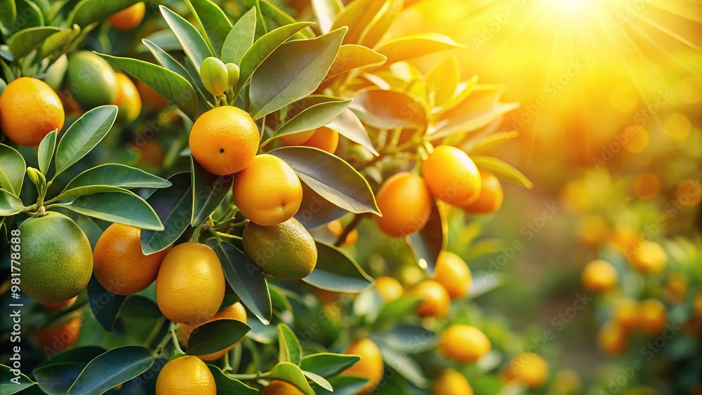 Close-up of healthy kumquat trees with unripe fruit in an orchard under sunlight Close-up of healthy kumquat trees with unripe fruit in an orchard under sunlight
