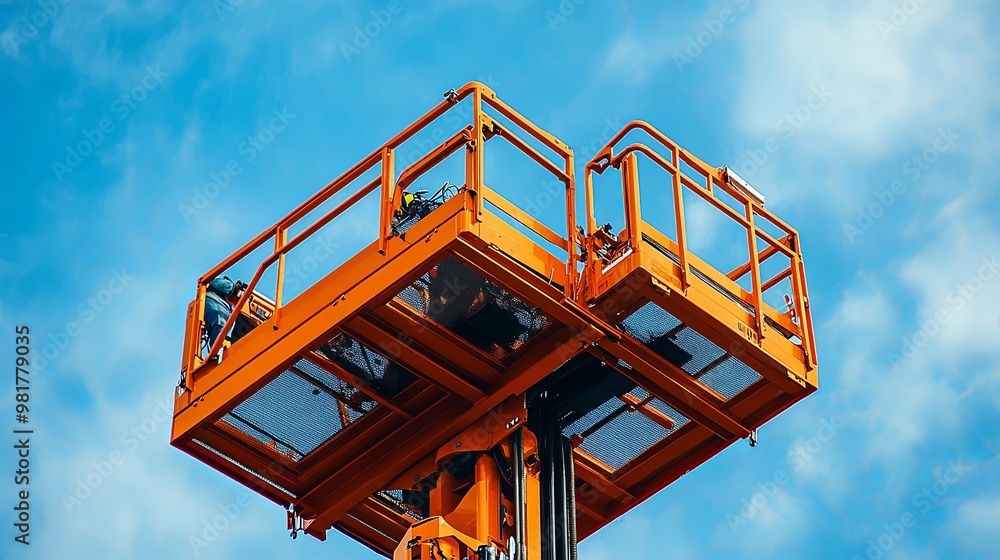 Orange Aerial Work Platform with a Worker on a Construction Site Orange Aerial Work Platform with a Worker on a Construction Site