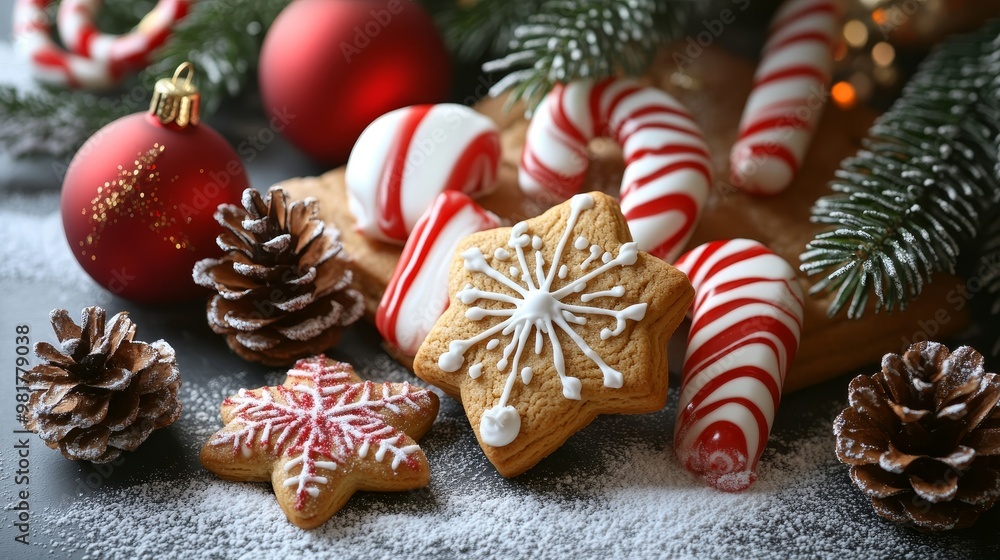 custom made wallpaper toronto digitalCelebrating winter holidays emblems of christmas and new year with candy, cookies, and pine cones