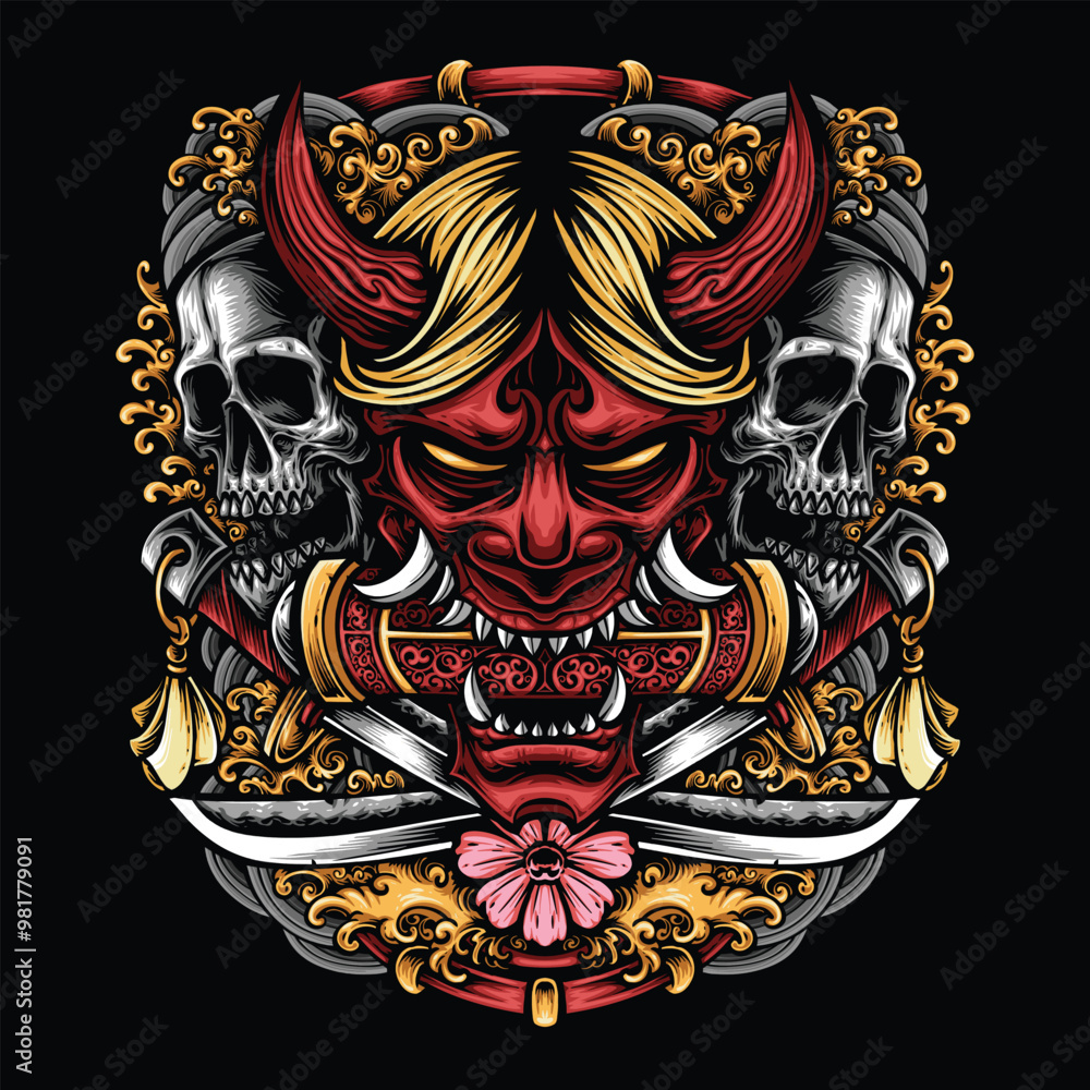 Fototapeta premium demon red oni mask with skull