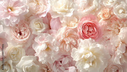 Soft, blooming peonies and roses in pastel shades, adding a delicate and feminine touch