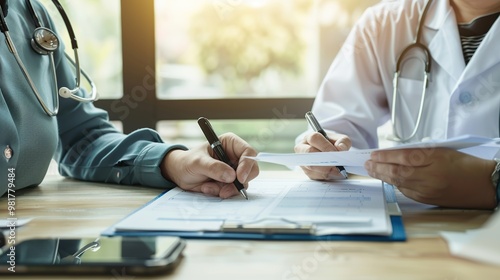 A doctor is writing a report on the results of a patient's diagnosis photo