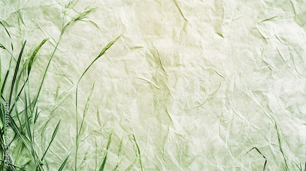 Fototapeta premium Green grass stems on a textured, light green background.