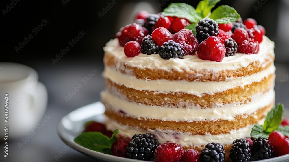 Delicious naked cake with fresh berries and whipped topping for spring celebrations Delicious naked cake with fresh berries and whipped topping for spring celebrations