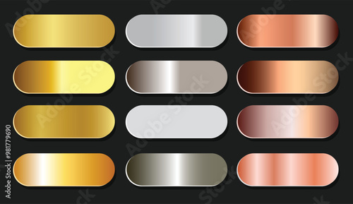 Gold rose, silver, bronze, copper and golden foil texture gradation background set. Vector shiny and metalic gradient collection for border, frame, ribbon, label design