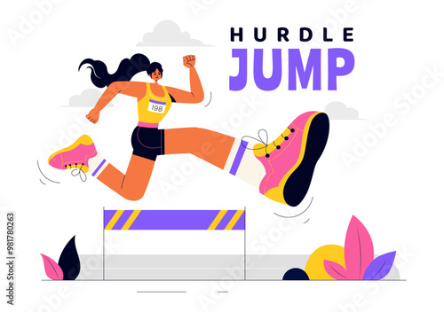 Vector Illustration of an Athlete Running Hurdles and Performing a Long Jump in a Sports Competition with an Obstacle Race in a Flat Background photo