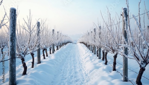 Wallpaper Mural Snow covered vineyard path between frozen grapevines in winter landscape Torontodigital.ca