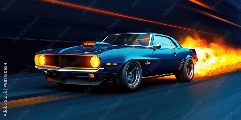 Muscle Car Accelerating with Flames Erupting from the Engine – Power and Speed Unleashed Muscle Car Accelerating with Flames Erupting from the Engine – Power and Speed Unleashed