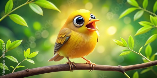 Cute yellow bird with big eyes and a triangular beak on a tree branch, singing happily.