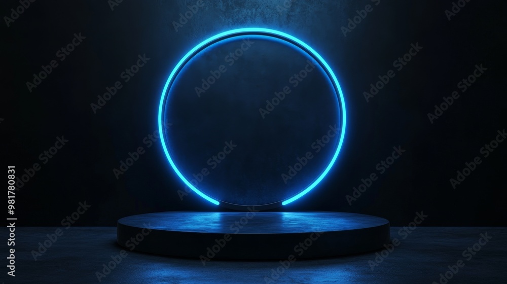 A dark background with blue neon lights illuminating the circular podium in front of it. The podium is empty and has an ominous atmosphere, reminiscent of the Tron movie style A dark background with blue neon lights illuminating the circular podium in front of it. The podium is empty and has an ominous atmosphere, reminiscent of the Tron movie style