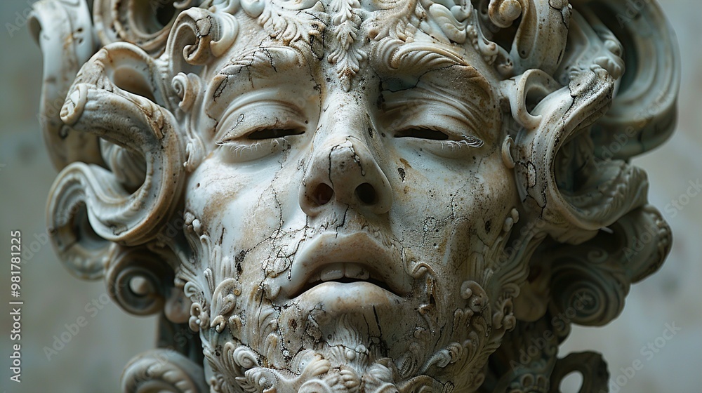 Close-up of a Detailed Stone Sculpture of a Human Face Close-up of a Detailed Stone Sculpture of a Human Face