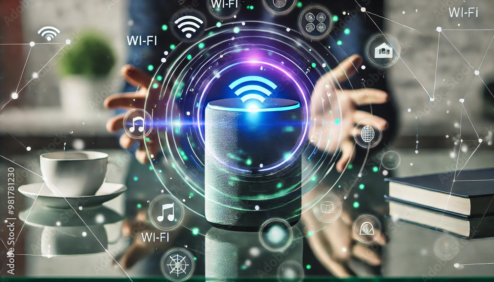 Digital and smart home concept with a person using voice Digital and smart home concept with a person using voice