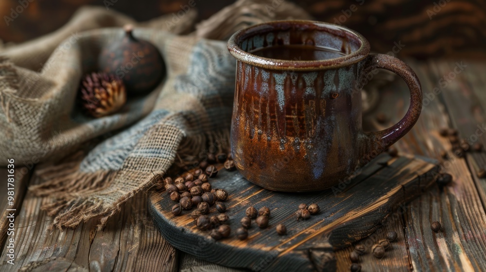 Cozy Autumn Rustic Ceramic Mug on Wooden Table with Fall Accents Cozy Autumn Rustic Ceramic Mug on Wooden Table with Fall Accents