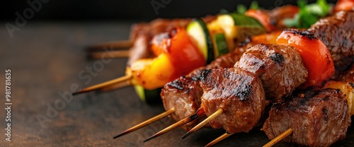 Grilled barbecue skewers with juicy meat and vegetables for summer feasts and outdoor gatherings photo