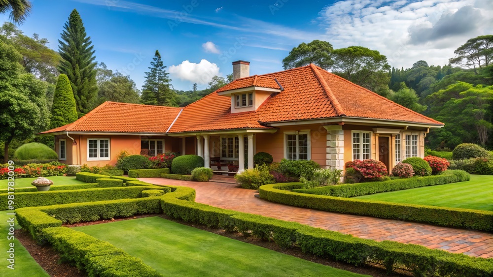 Earthen dwelling adorned with crimson tiles and snow-white accents, complemented by a precision-crafted lawn and Earthen dwelling adorned with crimson tiles and snow-white accents, complemented by a precision-crafted lawn and