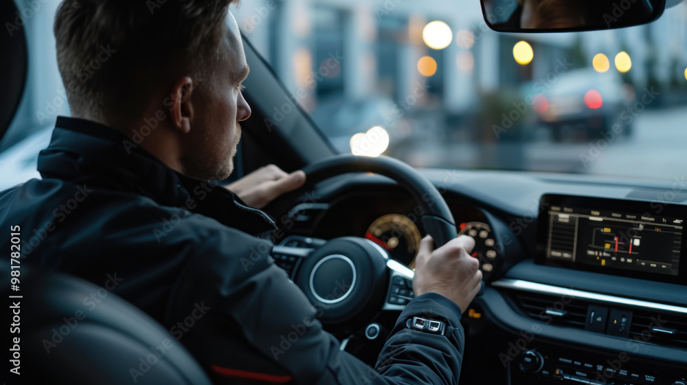 Male driver seen from behind while driving a car, focusing on the vehicle’s dashboard and steering wheel, symbolizing modern driving. Male driver seen from behind while driving a car, focusing on the vehicle’s dashboard and steering wheel, symbolizing modern driving.