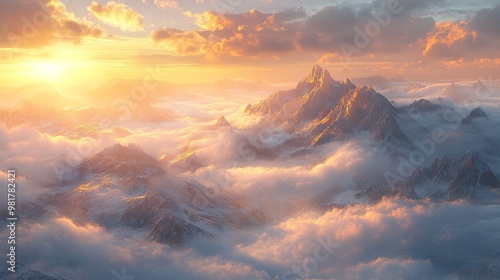 Mountain Peaks Emerging from a Sea of Clouds at Sunset