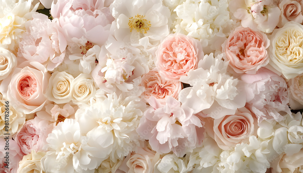 Soft, blooming peonies and roses in pastel shades, adding a delicate and feminine touch Soft, blooming peonies and roses in pastel shades, adding a delicate and feminine touch