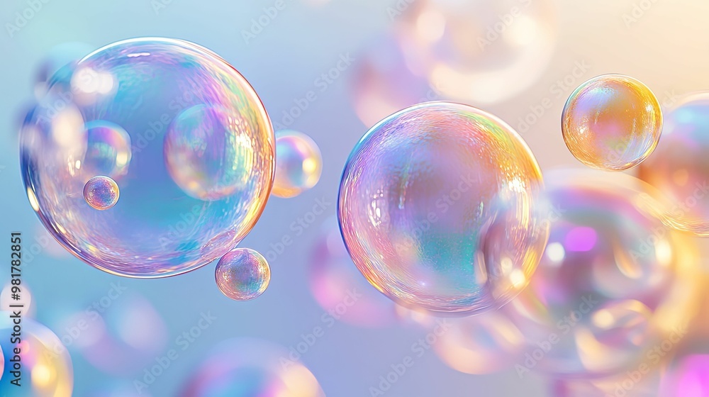 Iridescent Soap Bubbles Floating in Air Against a Soft Blue Background Iridescent Soap Bubbles Floating in Air Against a Soft Blue Background