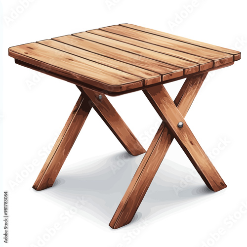 With natural wood color and simple design. The tabletop is made of parallel planks with cross-shaped legs,

