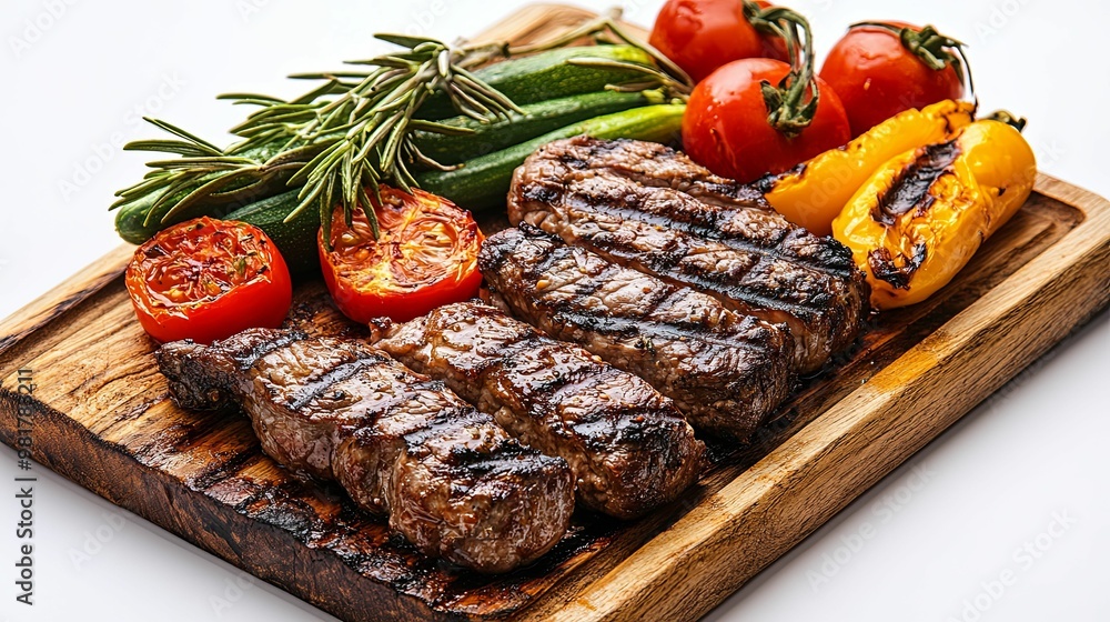 Grilled Steak, Zucchini, Peppers, and Tomatoes on a Wooden Board Grilled Steak, Zucchini, Peppers, and Tomatoes on a Wooden Board