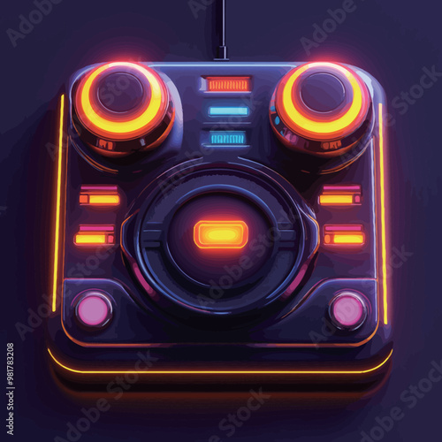 A luminous DJ mixer in neon blue and orange hues with a prominent circular knob in the center.

