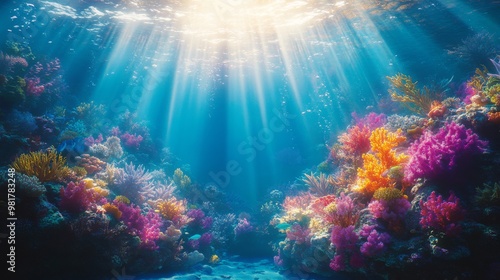 Underwater Coral Reef with Sunbeams and Bubbles