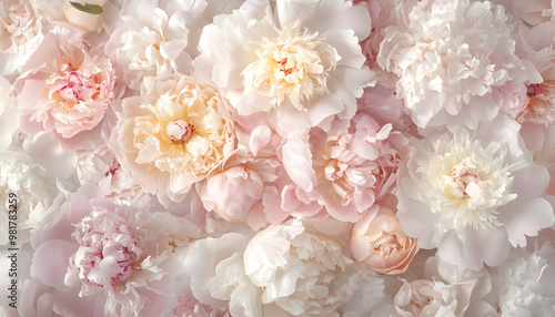 Soft, blooming peonies and roses in pastel shades, adding a delicate and feminine touch