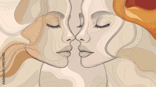 The side faces of the two women, their lips gently touching. Their skin takes on a soft hue