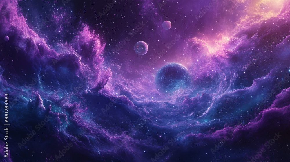 A Cosmic Landscape with Purple Nebulae and Planets A Cosmic Landscape with Purple Nebulae and Planets