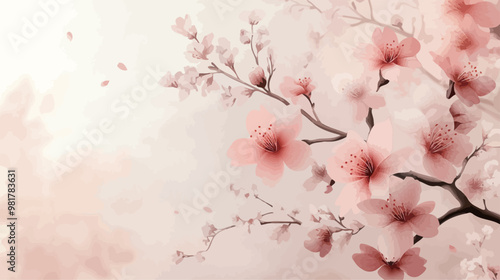 The petals are pale pink with a soft white background. Cherry blossom branches slender, flower dense distribution, some of the flower buds and flowers interspersed

