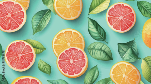 Slices of fresh citrus fruit, such as grapefruit and orange, are cut into semicircles and arranged on a light blue background.


