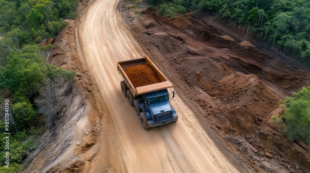 Massive haul trucks transporting ore on rugged rural road - aerial view for industrial poster Massive haul trucks transporting ore on rugged rural road - aerial view for industrial poster