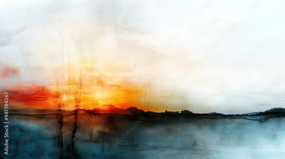 Obraz premium Minimalist abstract landscape painting featuring a serene spring sunrise for prints and posters