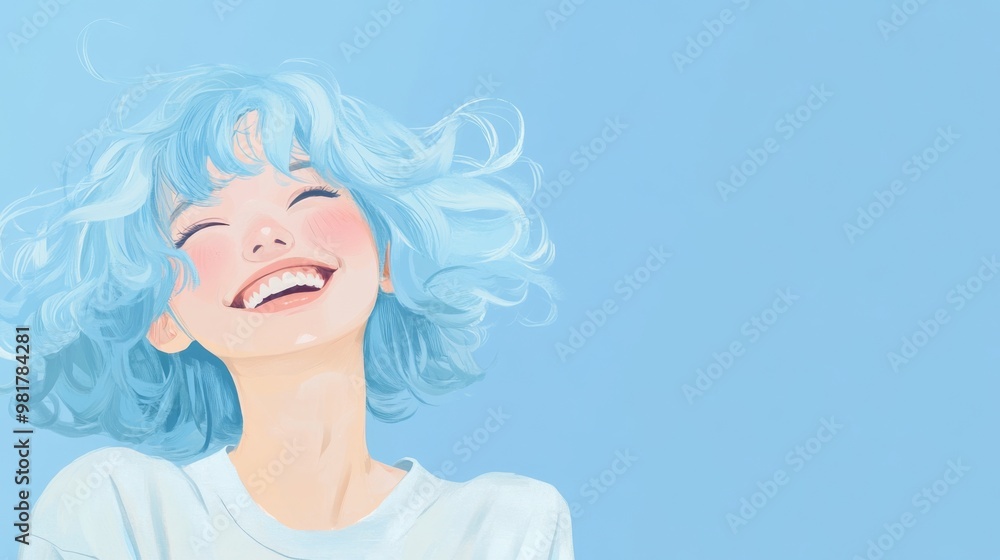 A cute girl with light blue hair laughing heartily in the sky, wearing an oversized shirt with blonde curls. The bright blue background enhances her joyful expression and carefree demeanor A cute girl with light blue hair laughing heartily in the sky, wearing an oversized shirt with blonde curls. The bright blue background enhances her joyful expression and carefree demeanor
