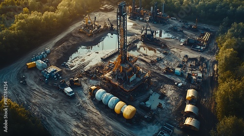 Fracking Operation: A fracking site in a rural area with drilling rigs, large water tanks, and trucks positioned around a well pad. The image captures the intensity of hydraulic fracturing,