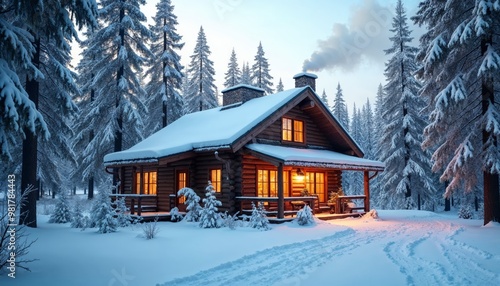 Cozy cabin in snowy forest with lights on in windows, warm inviting atmosphere photo